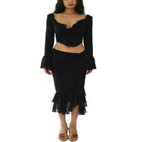 Ženska ljetna suknja odjeća s dugim rukavima ruffled V-izrez obrezane vrhove + proreza midi suknja Streetwear