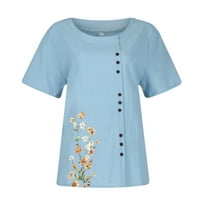 Thirts majice za žene, žene kratkih rukava Ležerne prilike ljetne grafičke cvjetne tiskane pamučne konoplje bluza, plava, L, 85% pamuk, 15% posteljina