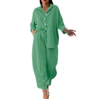 LisingTool biciklističke kratke hlače za žene retro plus veličine pamuk i košulja odijelo visoke strukske slabovitne hlače Dugih rukava za žene za žene MINT Green