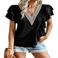 Wybzd Žene Ljeto Ležerne majice s kratkim rukavima Kontrastni kolor ruffle trim v izrez Basic Tops Streetwear