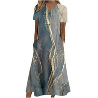 Ljetne haljine za žene kratki rukav A-line Dužina gležnja, modna tiskana V-izrez haljina mornarice xl