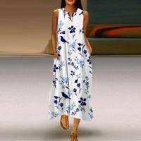FOPP prodavač Ženski modni otisnuti džep bez rukava V izrez labav Ležerne prilike, Duga haljina Blue XXL