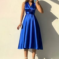 ManXivoo ženske haljine Solid zavoj V vrat bezvezna večernja haljina za ženska haljina za zabavu Plava