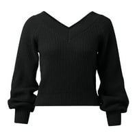Ediodpoh Ženska modna solidna boja Dugi rukav V izrez Loose Knit pulover Duks pulover za žene Black