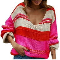 DahAx ženski zimski ležerni prugasti dugih rukava labav skakač vrhovi patchwork pulover pletit vruće ružičaste s