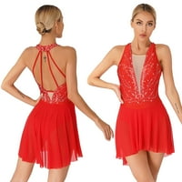 inhzoy Women's Glittery Rhinestone Dance Dress Sheer Mesh Patchwork Skating Dance Dress Red XL