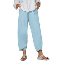 Boho pantalone za žene cvjetni džep za ispis Sportski trčanje joga atletičke pamučne posteljine svijetloplava
