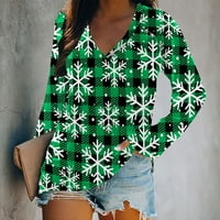 Ležerni za odmor Ležerne košulje dugih rukava Jesen Lagane dukseve za žene V-izrez Pulover Lady Snowflake Plaid za tiskanje Božićna odjeća Comfy Green S