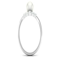 Slatkovodni biserni prsten s dijamantom za žene, oblikovan prsten u obliku slova V, 14k bijelo zlato,