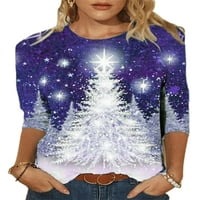 REJLUN dame majica Božićno stablo Ispis majica Dugi rukav Tee Basic Tops Labavi odmor Tunic Bluza Plava