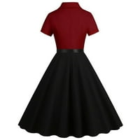 Žene rever V Crtton Gumb Up Haljina kratkih rukava Boja blok patchwork haljina Retro haljina 50s 60s