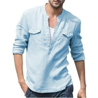 Hanas muške vrećastog pamučnog posteljina džepa sa čvrstim dugim rukavima retro t majice za bluze plavi