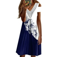 Ljetne haljine za ženske čipke čipke kratkih rukava s kratkim rukavima pamučna haljina za ispisu plava