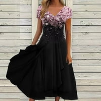 Crne haljine za ženske kratkih rukava za ispis cvjetnog uzorka Holiday haljina plus veličine V-izrez Fit and Flare Trendy za odmor Ležerne prilike za sunčanje Maxi Fashion Daily A-line prsluk, XL
