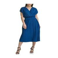 Ženski plavi ispruženi dres-pletey-pletey-plej-pleteni rukav surplice dekolte midi večernji carstvo haljina u struku 12