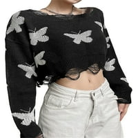 Eyicmarn Ženska modna džemper za divlji usjev leptir Print okrugli vrat s dugim rukavima izloženi pupak
