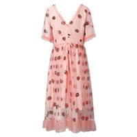 Ležerne haljine za žene okrugla vrat tunika party haljina od jagoda seksajmbroidery mreža ružičasta