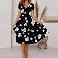 Ženska ljetna casual moda cvjetna ispis kratkih rukava V-izrez Swing haljina crna s