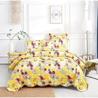 Dada posteljina blistavo sunce žuto cvjetni prekrivač - Hummingbirds Farmhouse Crveno cvijeće Vrtni prekrivač - skelopirane ivice svijetle živopisne višebojne - CAL kralj - 3 komada