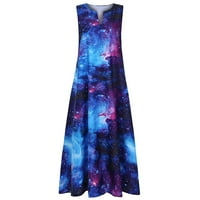 Ženska haljina zvjezdana ispis ljetna odjeća pamučna maxi haljina bez rukava, plava, 5xl