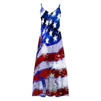 Žene 4. jula Američka zastava Ljeto Maxi haljina, ženski ljetni maxi haljina casual labavi džepovi dugi