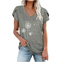 USMIXI slatki vrhovi za žene Dandelion Print V-izrez kratkih rukava s majicama Summer Modni rukav za