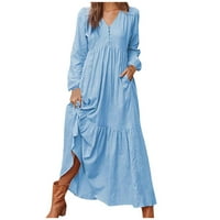 Mchoice Haljine za žene za žene pamučne i posteljine retrovetne ležerne duge suknje V izrez pune boje