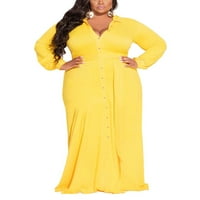 Glonme dame haljina V izrez Maxi haljine od pune boje za odmor seksi košulja dugih rukava žuta 3xl