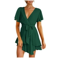 Haljina za žene, ženska modna casual solidna boja kratki rukav V-izrez labav struk ruff haljina zelena