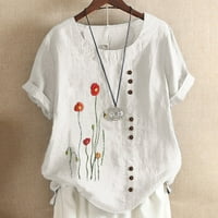 Majice za žene Vintage Print O-izrez Floral Dugme Košulje kratkih rukava Top BluuseSize m