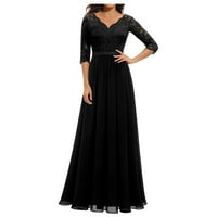 Žene ljetne elegantne čvrste a-line haljine Formalni V-izrez rukave Maxi čipke šivene haljine crne l