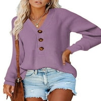 Ženski dugi rukav V-izrez s rebrastim gumbom pletene džemper od pune boje