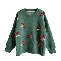 KPOPLK Ženska jesenji džemperi Crewneck Slatka ispis pletena pulover džempere zelena, m