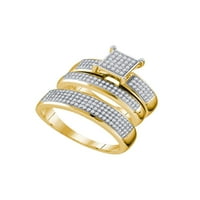 Žuti-tonski čvrst srebrni srebrni i njezin okrugli dijamantski klaster podudaranje par tri prstena za