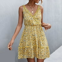 Dyfzdhu ljetne haljine za žene Ljetna moda V izrez elastična struka ruffle cvjetno ispis klizne haljine