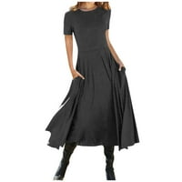 Ženska modna ljetna solidna boja kratki rukav džepni pulover haljina omotajte midi haljinu, crne s
