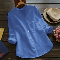 Ženska pamučna posteljina casual čvrsta majica dugih rukava bluza za bluzu prema dolje plava