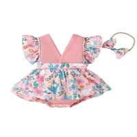 Odjeća za dijete Djevojke za bebe Uskršnje bodilosne ljetne haljine s rubnim rukama s rukavom ruffle V zec cvjetni set
