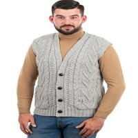 Muški Merino vuneni džemper prsluk Aran Irski V-izrez kabel pletene bez rukava sa gumbima i džepovima