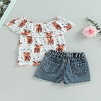 Zapadne bebe djevojke odjeću krava ispisa ljetni vrhovi i elastični raštrkani traper šorc outfit