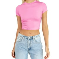 Žene ljetne vrhove Modni kratki rukav Slatka usjeva Basic CrewNeck Slim Fit ženske majice, ružičasta, l