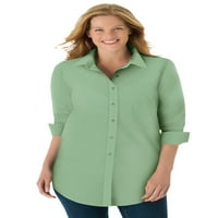 Žena unutar ženske plus veličine savršene košulje dugih rukava, otporna na dubinu otporna na gumb prema