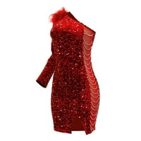 Safuny Ženska mini bačva haljina od čvrstog seksana moda jedno rame jesenska haljina retro opruga dugih rukava od perjane strane Split Link Holiday Red M