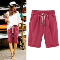 Feternal ženske casual labave hlače od plaže od pune boje labave ležerne u petim hlačama džepovi lane
