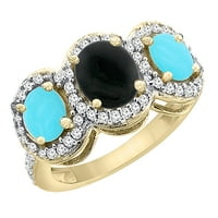 14k žuto zlato prirodni crni black i tirkizni 3-kameni prsten ovalni dijamant akcent, veličine 6