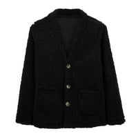 Ženske vrhove Jesen zimski V-izrez plišana jakna s kapuljačom s džepovima crna XL