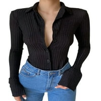 Codeop Ženska moda Tanka pletiva crna dugme s dugim rukavima na majica skraćena bluza