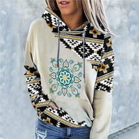 Duks popusta za ženske pulover džepa na vrhu vrhova Weatern Vintage etnička grafika Ispis dugih rukava