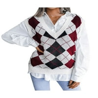 Bebiullo Womens Argyle Pleaid džemper prsluk Y2K pletiva V izrez bez rukava na vrhu odjeće kaput crvene s