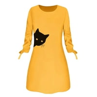 Haljine žene modne tiskane mačačke luk s dugim rukavima mini haljine 4xl